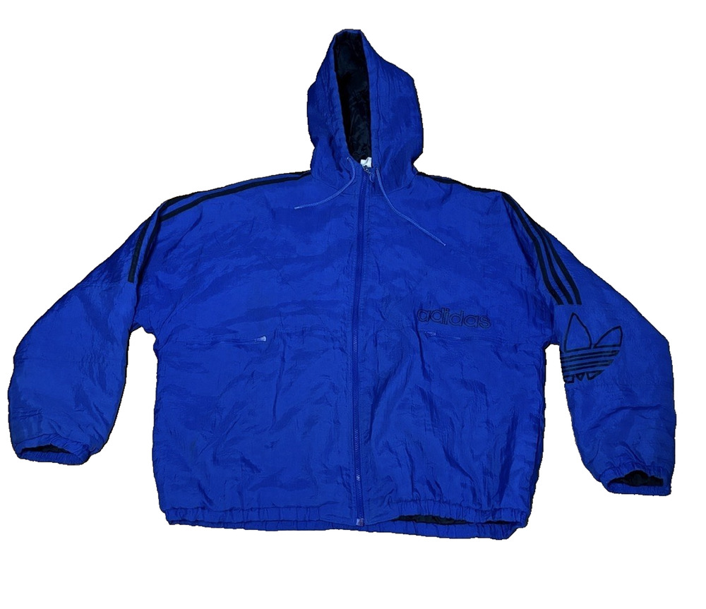 Vintage Adidas Trefoil Quilted Hooded Jacket Mens XL Royal Blue 90s Retro